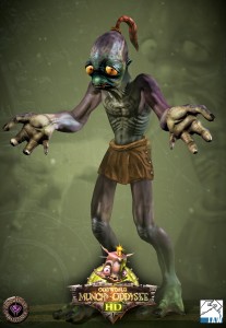 Promotional picture for Munchâ€™s Oddysee HD showing the new realtime model of Abe. He's shrugging, clearly showing he has four fingers on each hand.