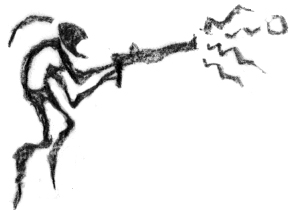 <cite>Abeâ€™s Oddysee</cite>-style rockart showing a Mudokon firing an industrial gun.