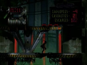 Screenshot from <cite>Abeâ€™s Oddysee</cite> showing 102 Mudokons have been rescued.