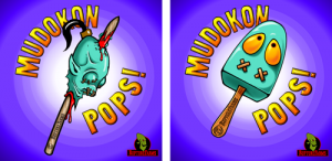 Two different designs for the Mudokon Pops logo. The first, on the left, is a cartoon Mudokon head graphically impaled by a stake. The second, on the right, is a classic ice lolly shape with eyes and mouth stitches.