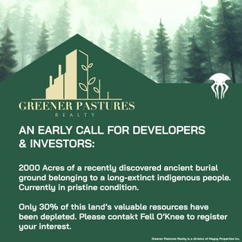 Promotional material from Greener Pastures Realty. The banner image depicts a coniferous treeline, presumably from the Forest of Mudos.