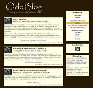 A screenshot of OddBlog taken in 2007 showing news articles and the design of the site from that time