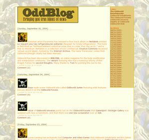 A screenshot of OddBlog taken in 2004 showing news articles and the design of the site from that time